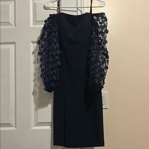 Elegant Navy Blue Dress with Floral Sleeves